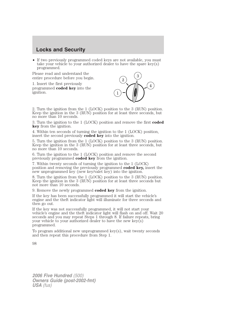 Locks and security | FORD 2006 Five Hundred v.3 User Manual | Page 98 / 280