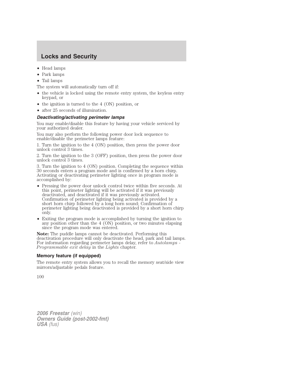 Deactivating/activating perimeter lamps, Memory feature (if equipped), Locks and security | FORD 2006 Freestar v.1 User Manual | Page 100 / 320
