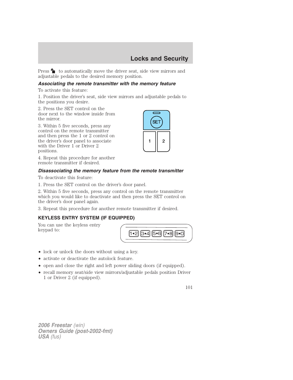 Keyless entry system (if equipped), Locks and security | FORD 2006 Freestar v.1 User Manual | Page 101 / 320