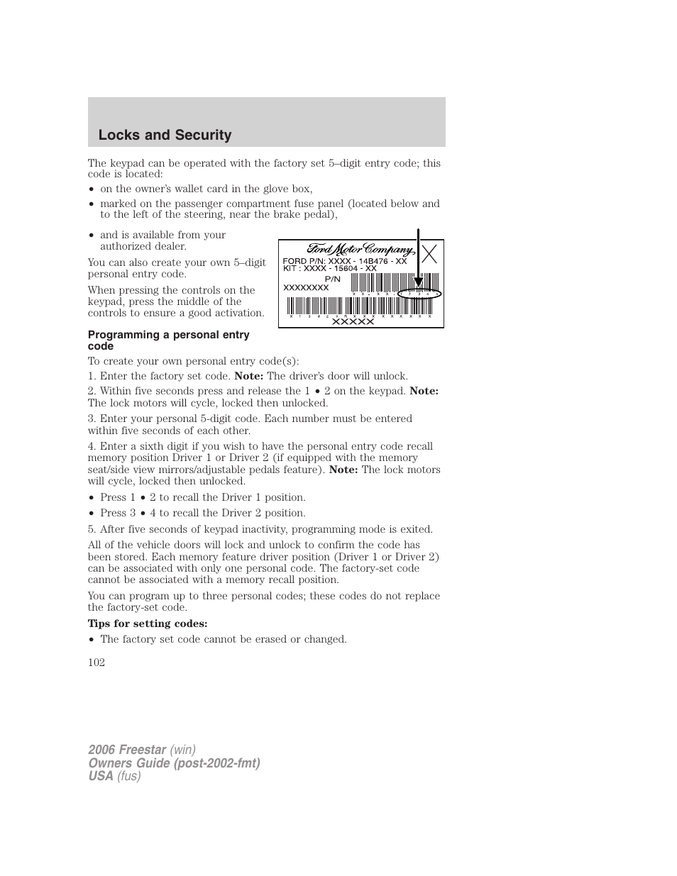 Programming a personal entry code, Locks and security | FORD 2006 Freestar v.1 User Manual | Page 102 / 320