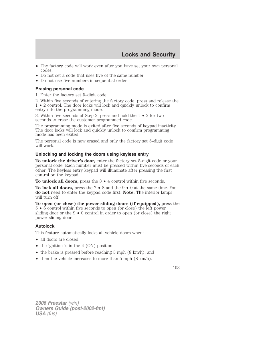 Erasing personal code, Autolock, Locks and security | FORD 2006 Freestar v.1 User Manual | Page 103 / 320