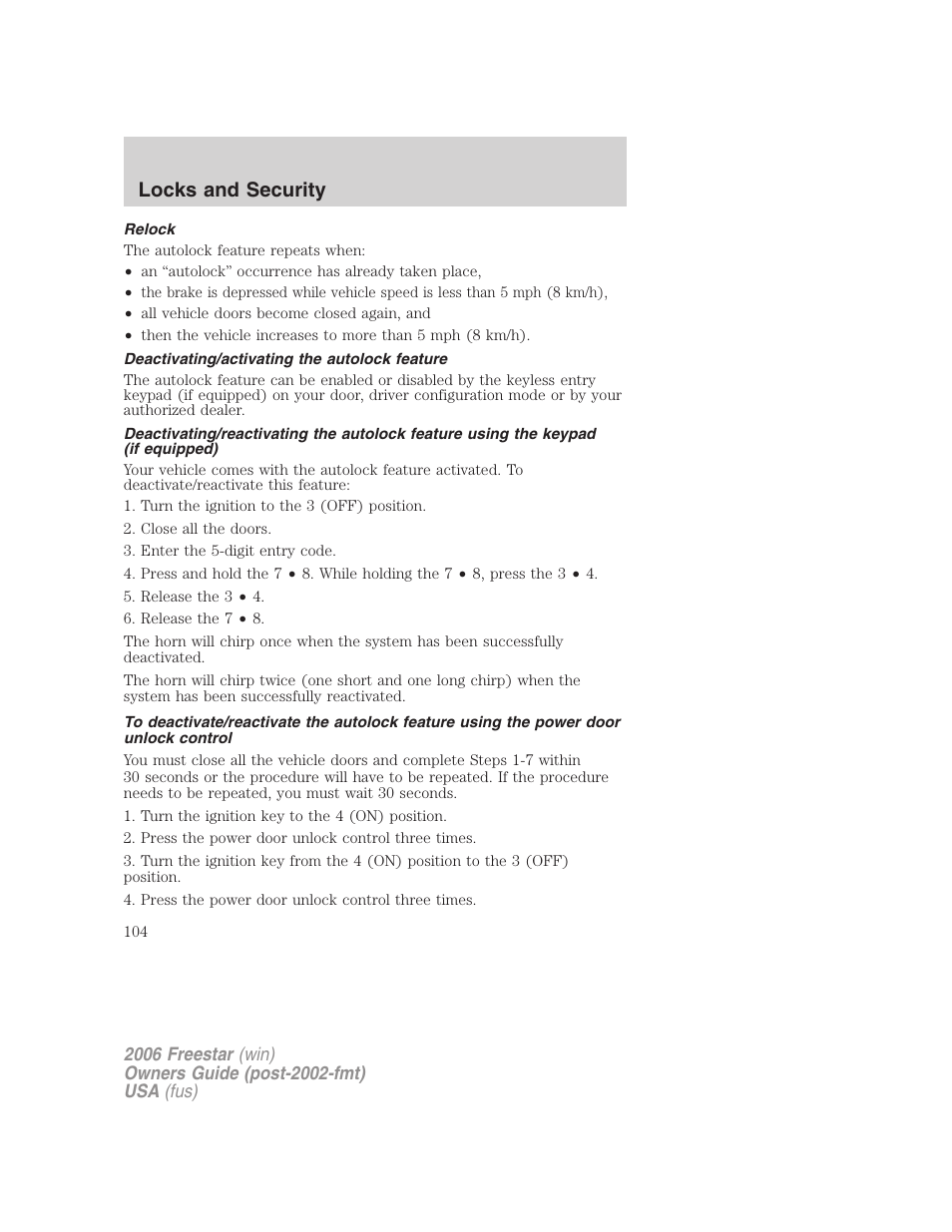 Relock, Deactivating/activating the autolock feature, Locks and security | FORD 2006 Freestar v.1 User Manual | Page 104 / 320