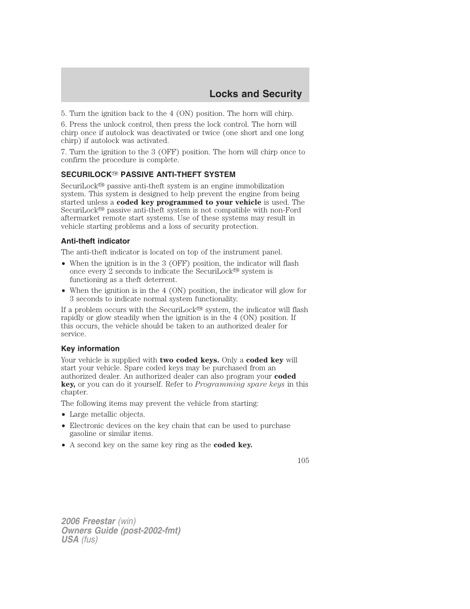 Securilock passive anti-theft system, Anti-theft indicator, Key information | Anti-theft system, Locks and security | FORD 2006 Freestar v.1 User Manual | Page 105 / 320