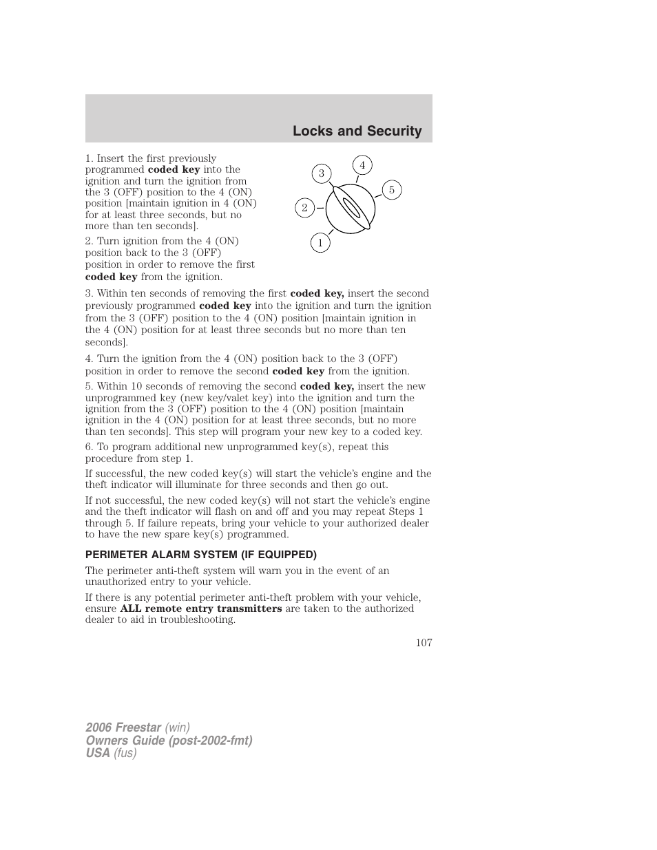 Perimeter alarm system (if equipped), Locks and security | FORD 2006 Freestar v.1 User Manual | Page 107 / 320
