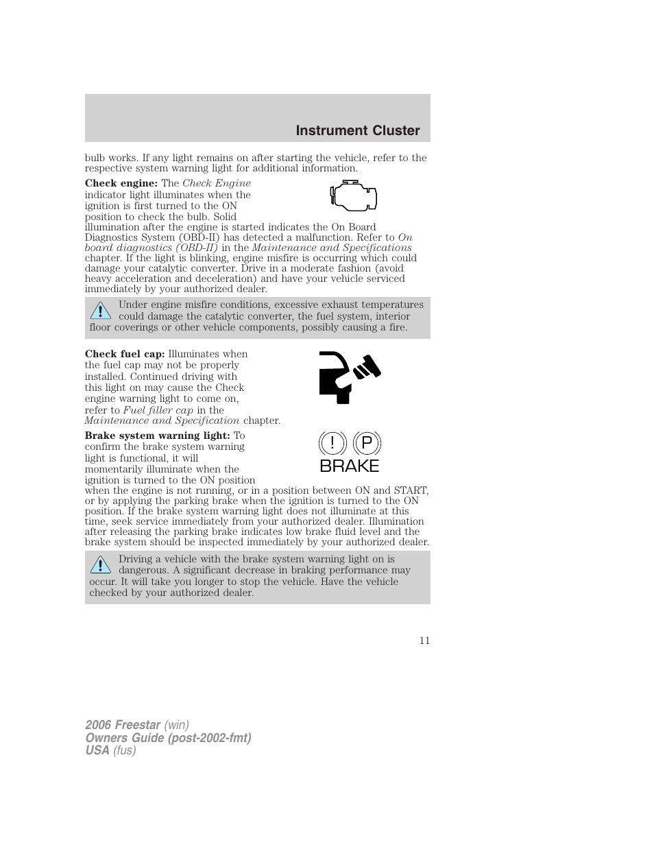 P! brake | FORD 2006 Freestar v.1 User Manual | Page 11 / 320