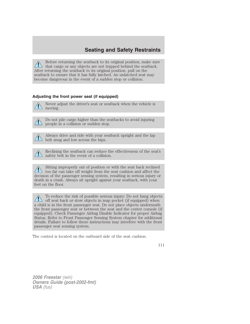 Adjusting the front power seat (if equipped), Seating and safety restraints | FORD 2006 Freestar v.1 User Manual | Page 111 / 320