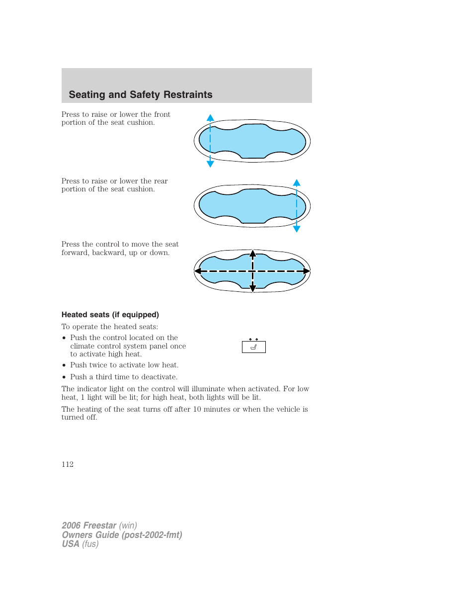 Heated seats (if equipped), Seating and safety restraints | FORD 2006 Freestar v.1 User Manual | Page 112 / 320