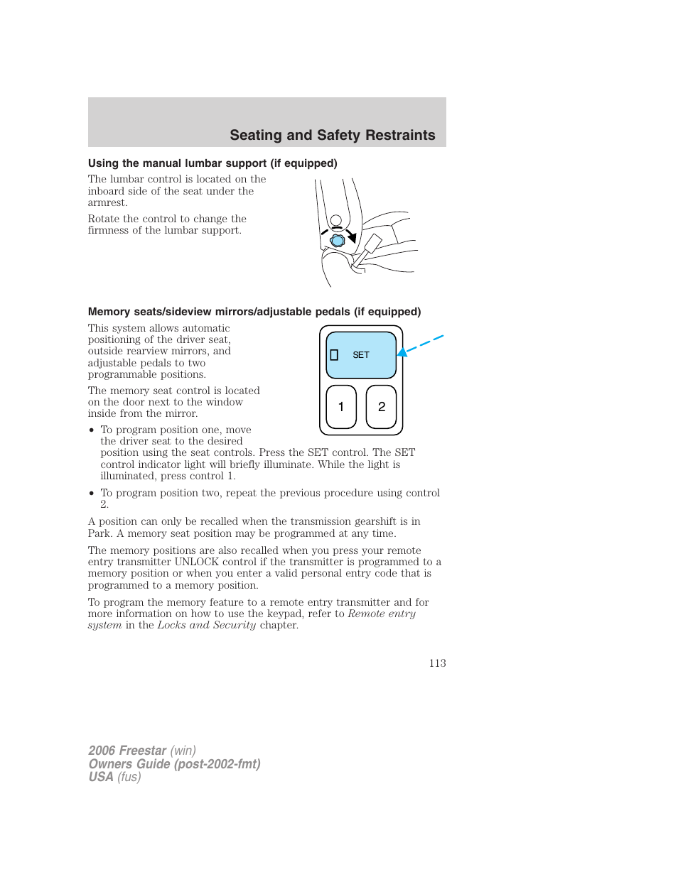 Using the manual lumbar support (if equipped), Seating and safety restraints | FORD 2006 Freestar v.1 User Manual | Page 113 / 320
