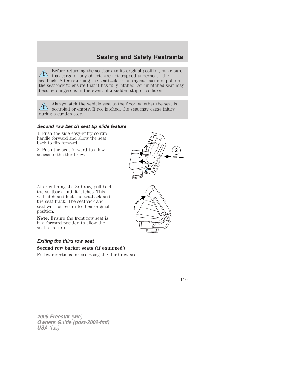 Second row bench seat tip slide feature, Exiting the third row seat, Seating and safety restraints | FORD 2006 Freestar v.1 User Manual | Page 119 / 320