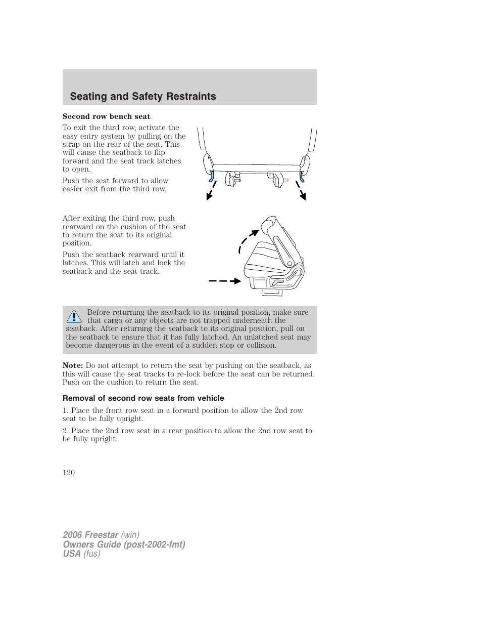 Removal of second row seats from vehicle, Seating and safety restraints | FORD 2006 Freestar v.1 User Manual | Page 120 / 320