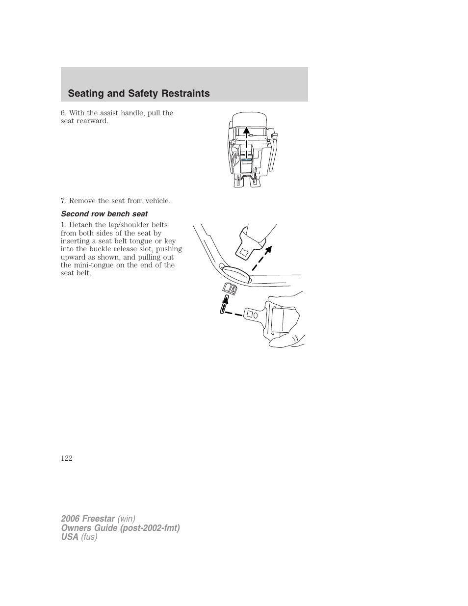 Second row bench seat, Seating and safety restraints | FORD 2006 Freestar v.1 User Manual | Page 122 / 320