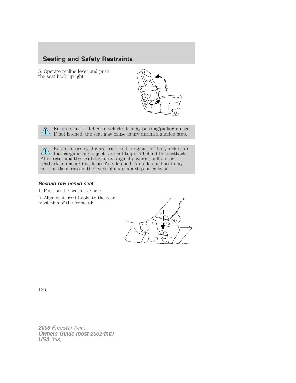 Second row bench seat, Seating and safety restraints | FORD 2006 Freestar v.1 User Manual | Page 126 / 320