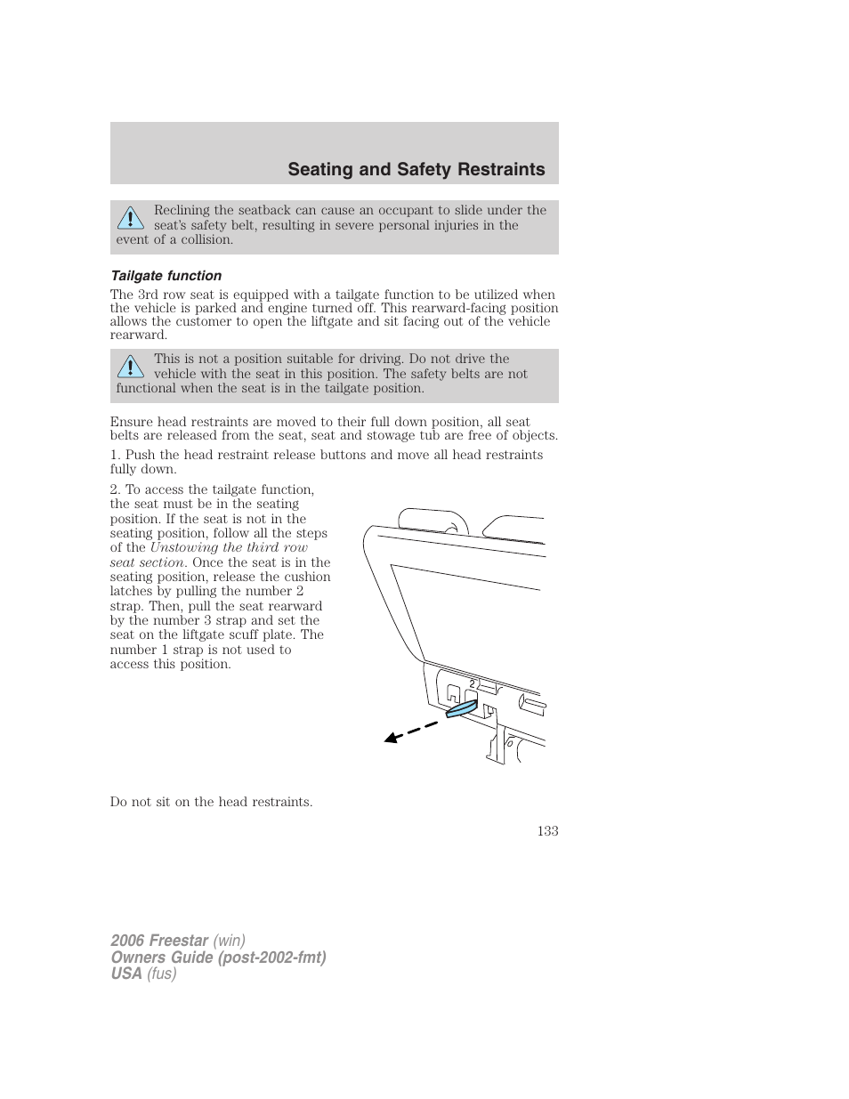 Tailgate function, Seating and safety restraints | FORD 2006 Freestar v.1 User Manual | Page 133 / 320