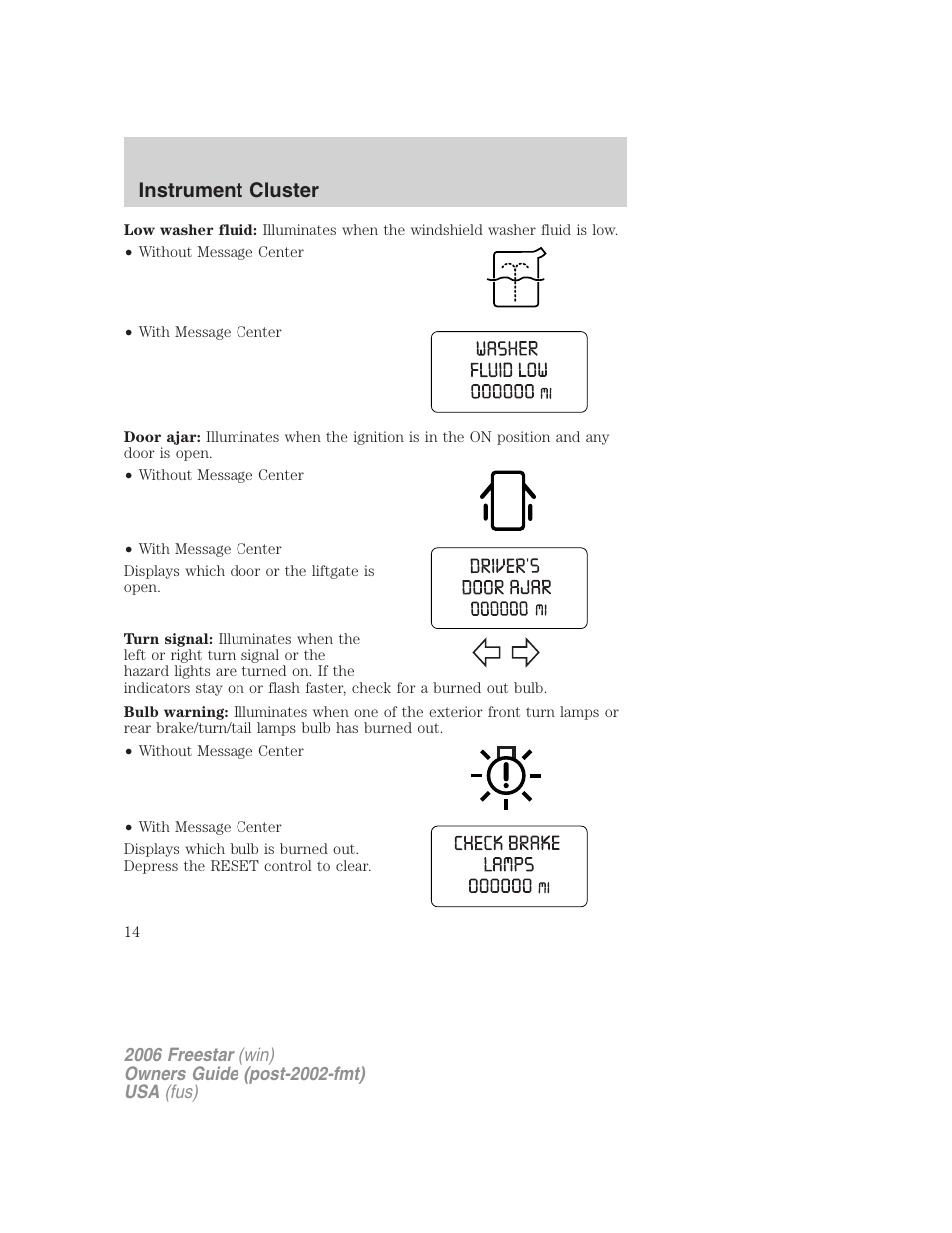 Instrument cluster | FORD 2006 Freestar v.1 User Manual | Page 14 / 320