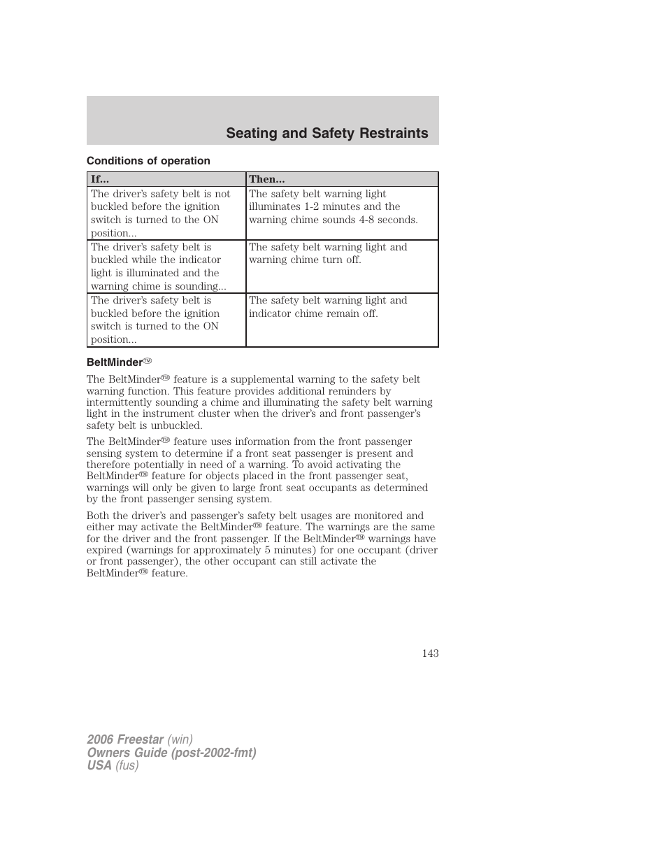Conditions of operation, Beltminder, Seating and safety restraints | FORD 2006 Freestar v.1 User Manual | Page 143 / 320