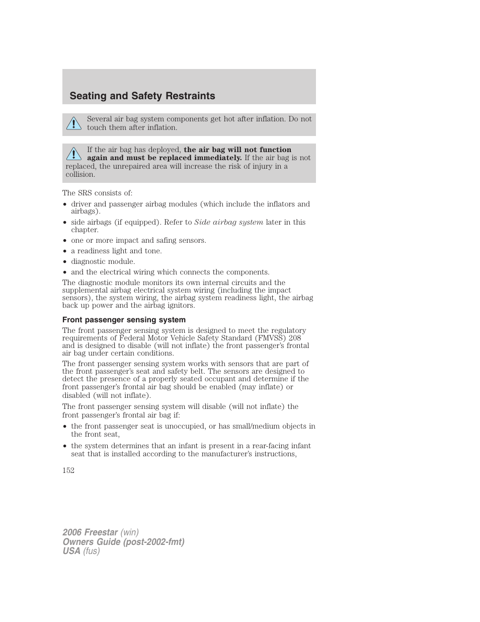 Front passenger sensing system, Seating and safety restraints | FORD 2006 Freestar v.1 User Manual | Page 152 / 320