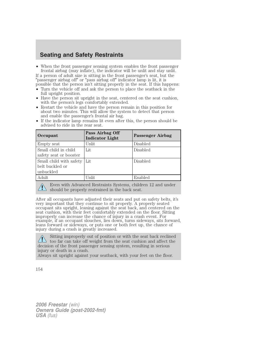 Seating and safety restraints | FORD 2006 Freestar v.1 User Manual | Page 154 / 320