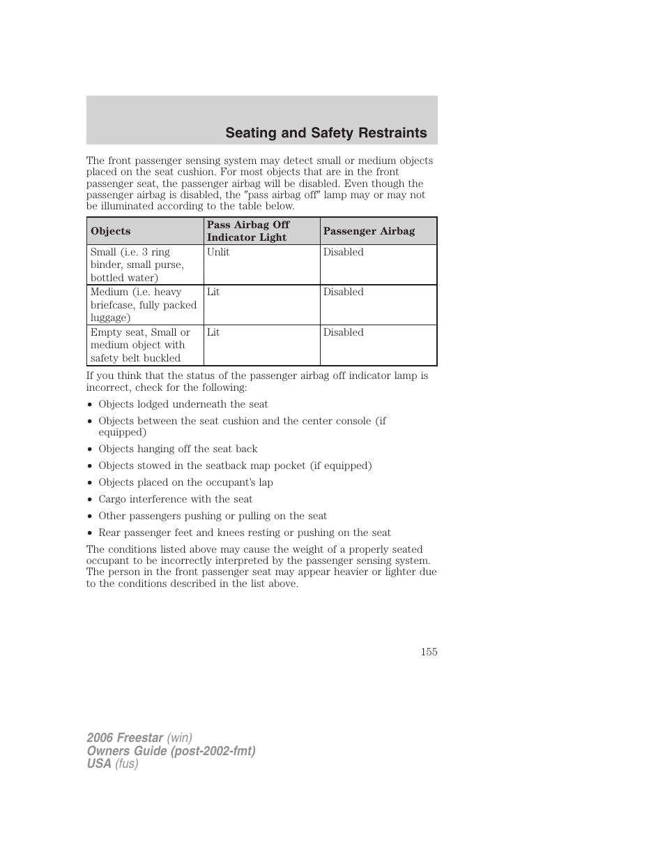 Seating and safety restraints | FORD 2006 Freestar v.1 User Manual | Page 155 / 320