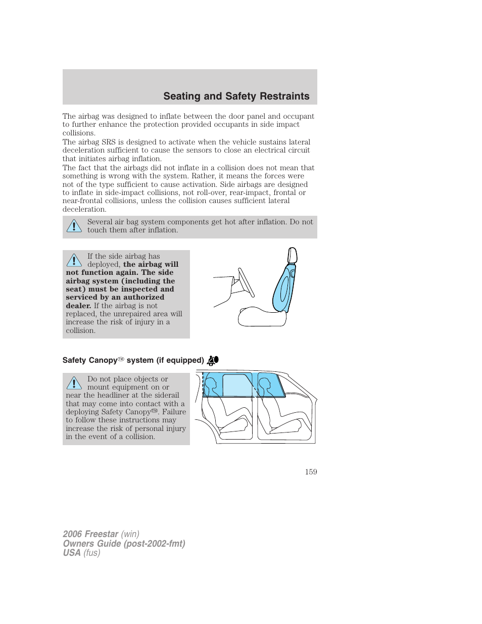 Safety canopy system (if equipped), Seating and safety restraints | FORD 2006 Freestar v.1 User Manual | Page 159 / 320