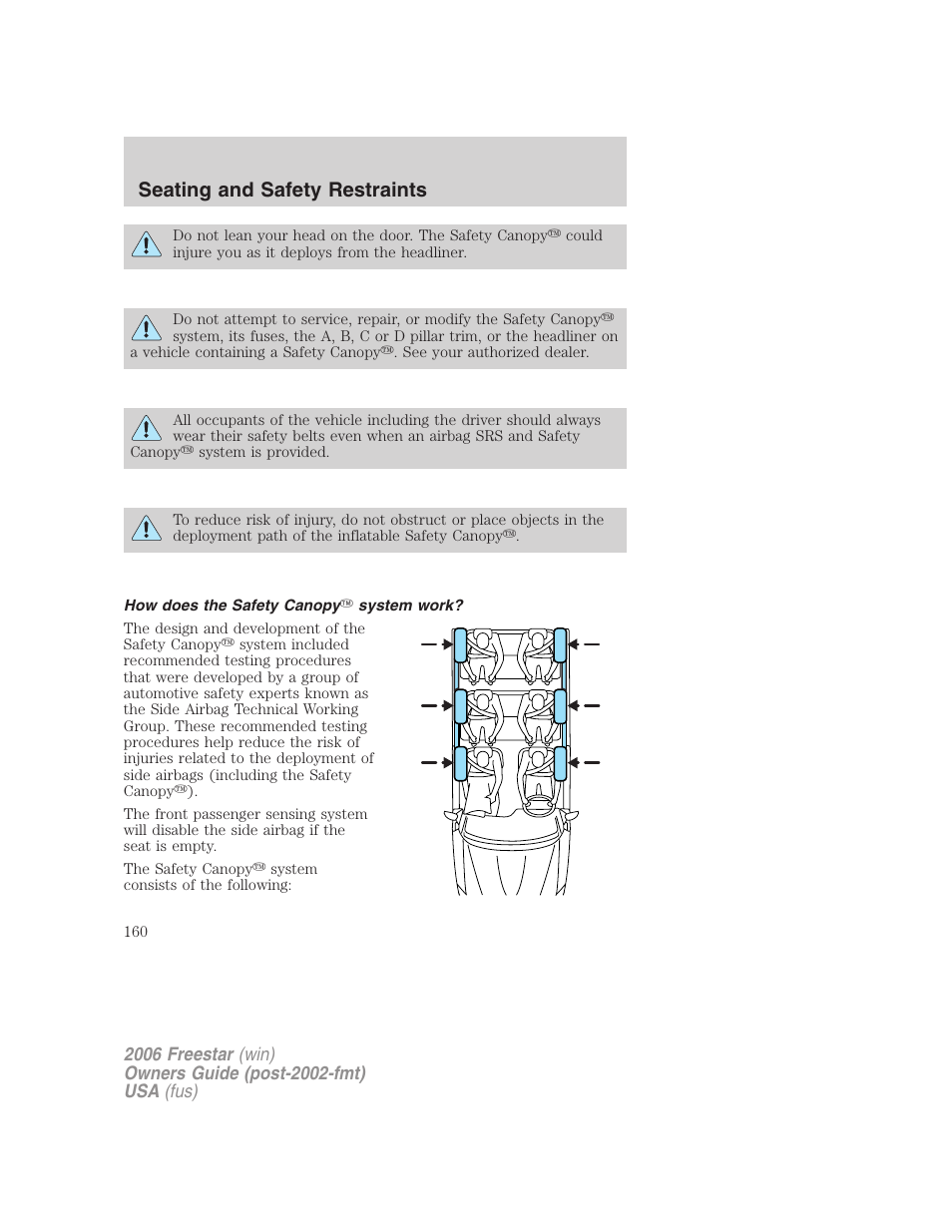 How does the safety canopy system work, Seating and safety restraints | FORD 2006 Freestar v.1 User Manual | Page 160 / 320