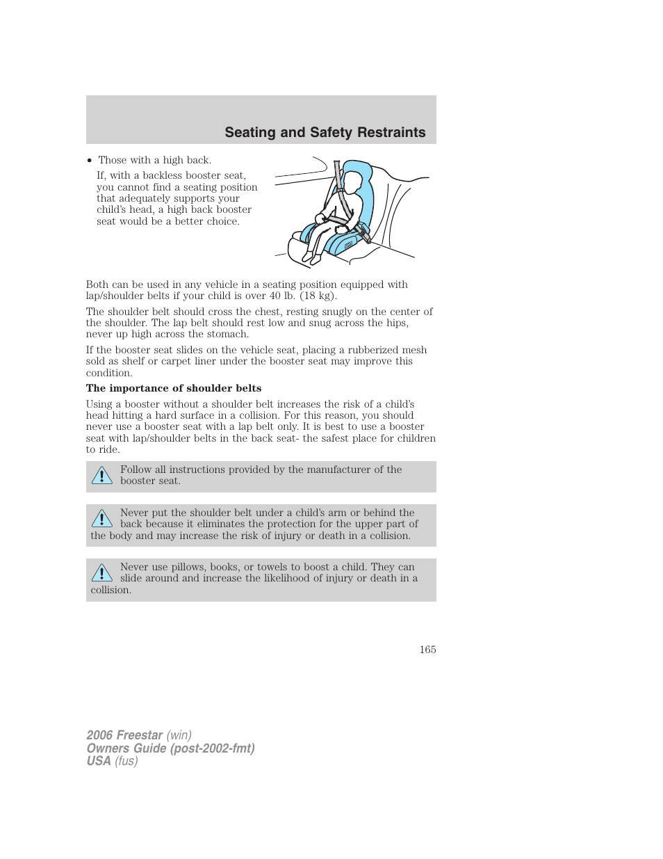 Seating and safety restraints | FORD 2006 Freestar v.1 User Manual | Page 165 / 320