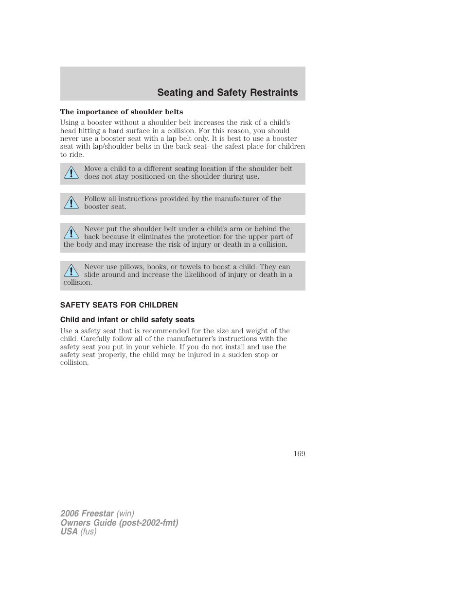 Safety seats for children, Child and infant or child safety seats, Seating and safety restraints | FORD 2006 Freestar v.1 User Manual | Page 169 / 320