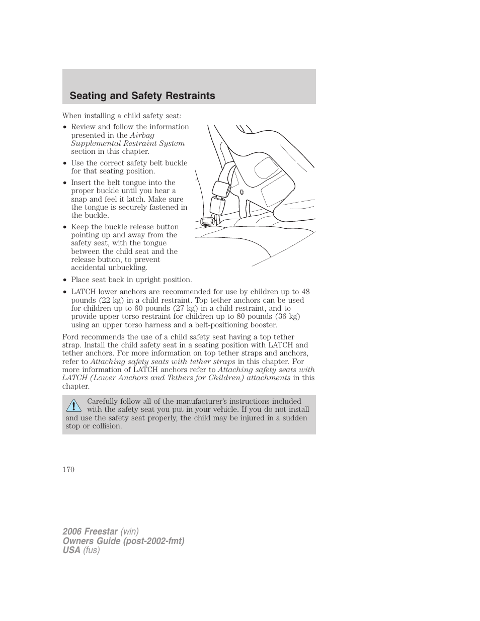 Seating and safety restraints | FORD 2006 Freestar v.1 User Manual | Page 170 / 320