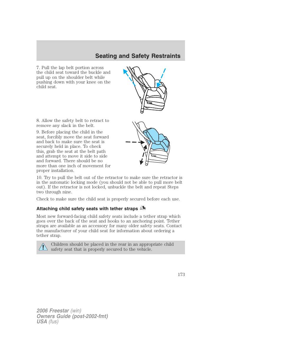 Attaching child safety seats with tether straps, Seating and safety restraints | FORD 2006 Freestar v.1 User Manual | Page 173 / 320