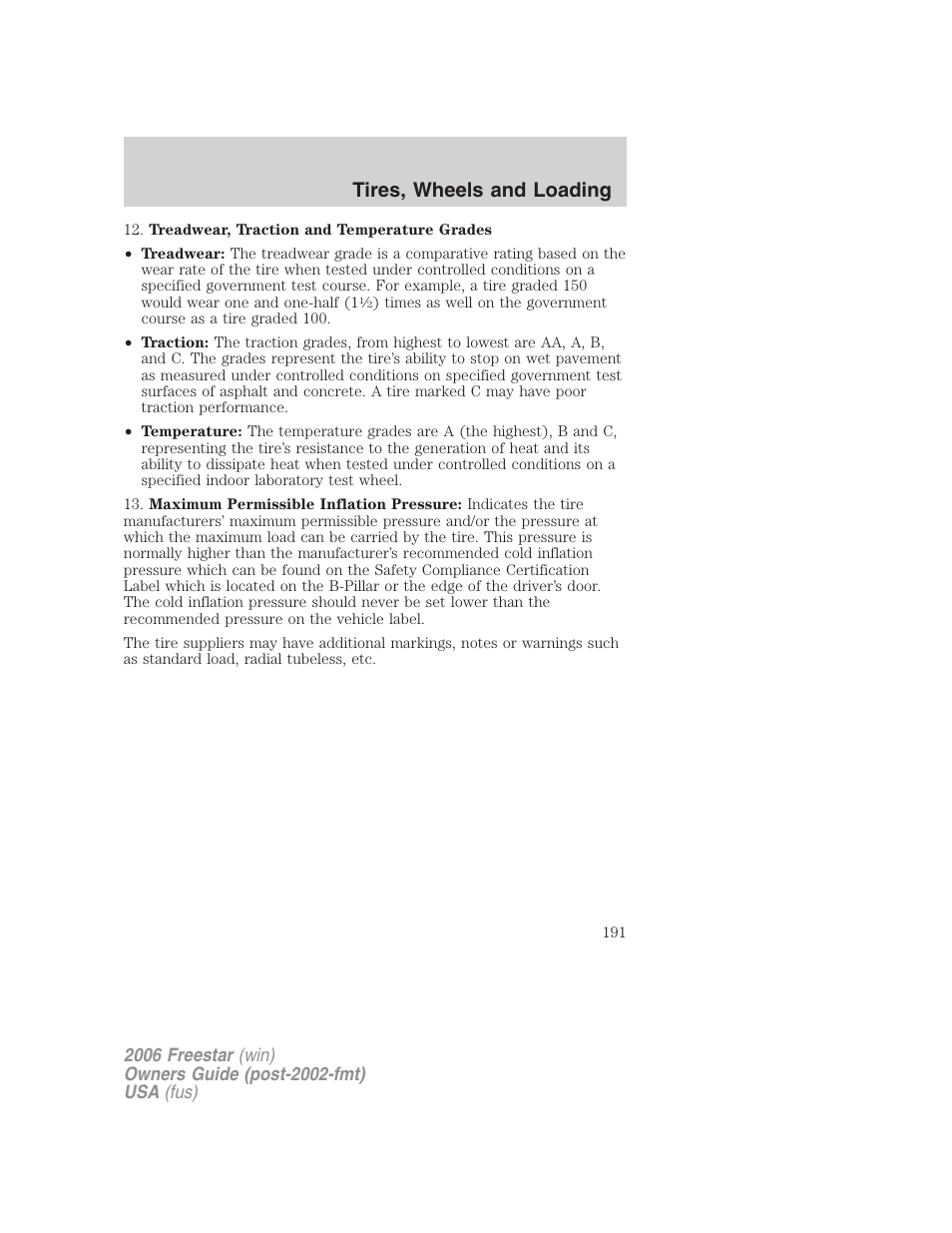 Tires, wheels and loading | FORD 2006 Freestar v.1 User Manual | Page 191 / 320