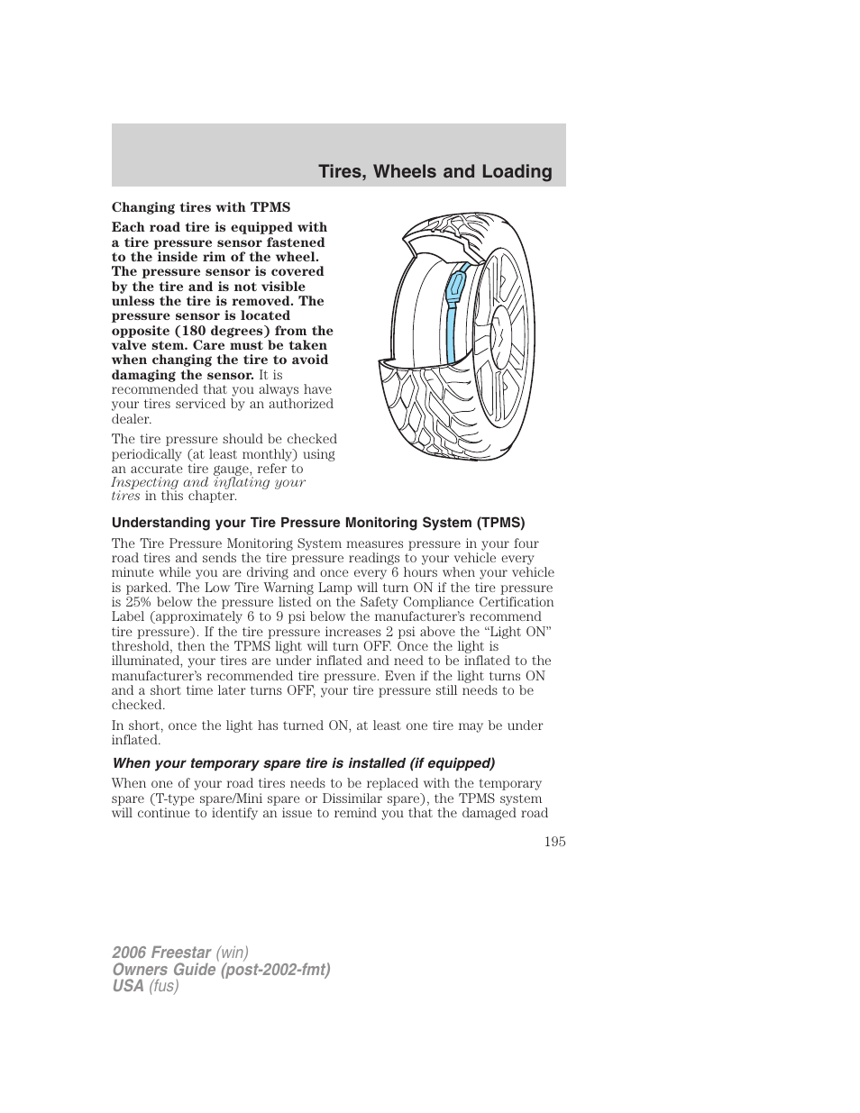 Tires, wheels and loading | FORD 2006 Freestar v.1 User Manual | Page 195 / 320