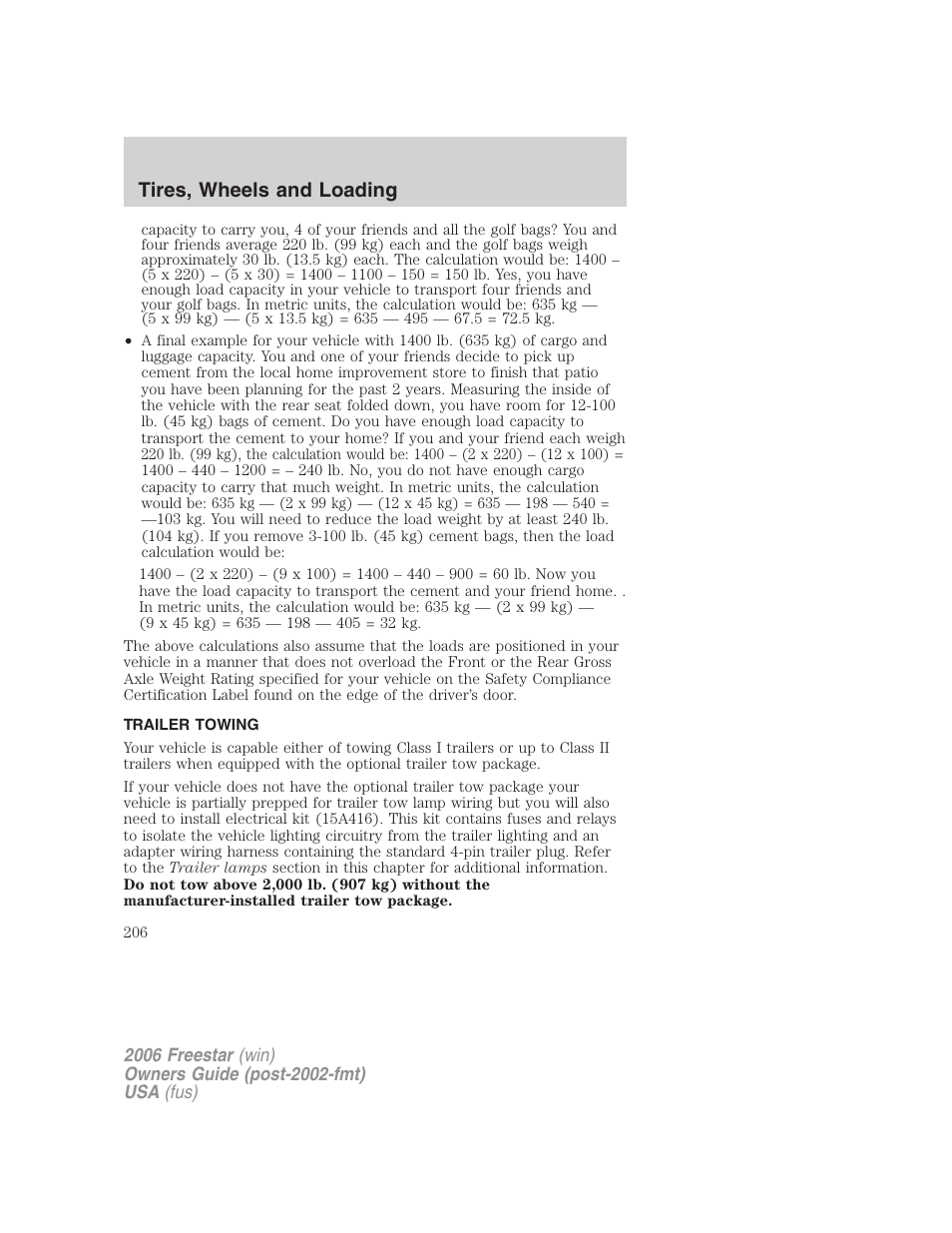 Trailer towing, Tires, wheels and loading | FORD 2006 Freestar v.1 User Manual | Page 206 / 320