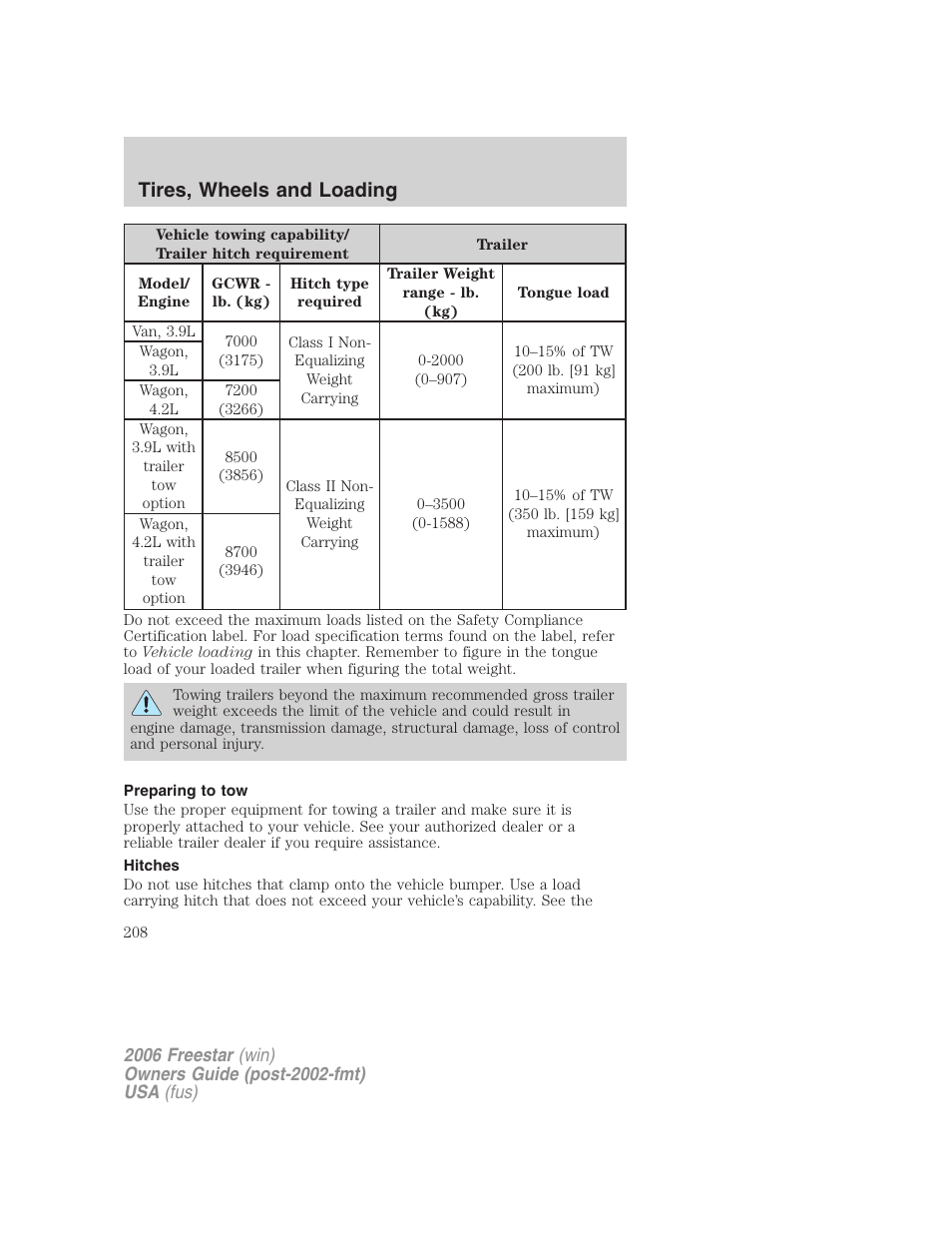 Preparing to tow, Hitches, Tires, wheels and loading | FORD 2006 Freestar v.1 User Manual | Page 208 / 320