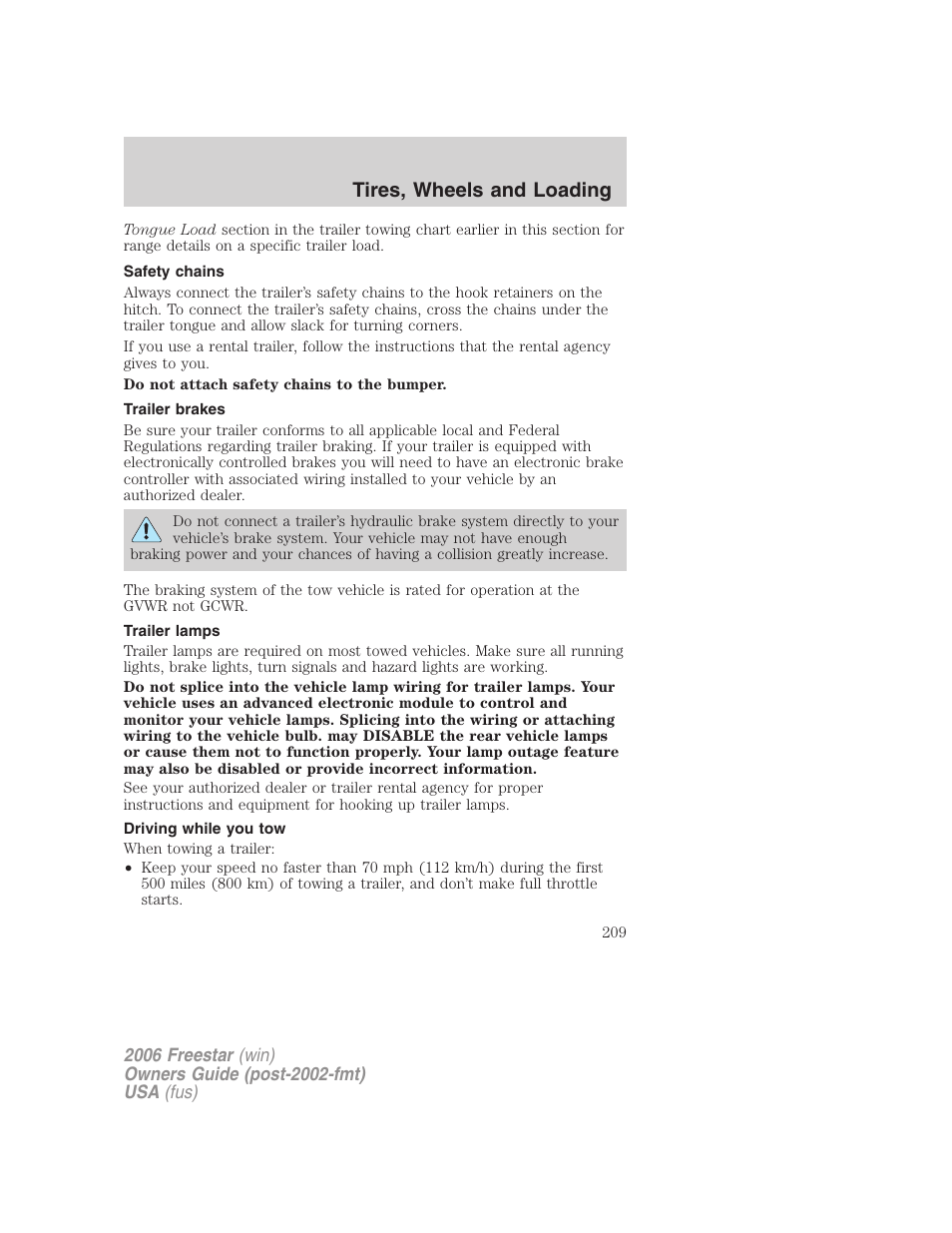 Safety chains, Trailer brakes, Trailer lamps | Driving while you tow, Tires, wheels and loading | FORD 2006 Freestar v.1 User Manual | Page 209 / 320