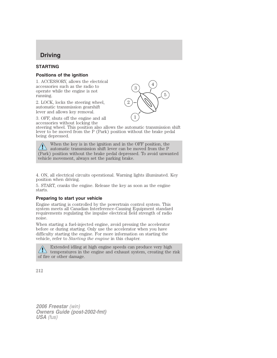 Driving, Starting, Positions of the ignition | Preparing to start your vehicle | FORD 2006 Freestar v.1 User Manual | Page 212 / 320