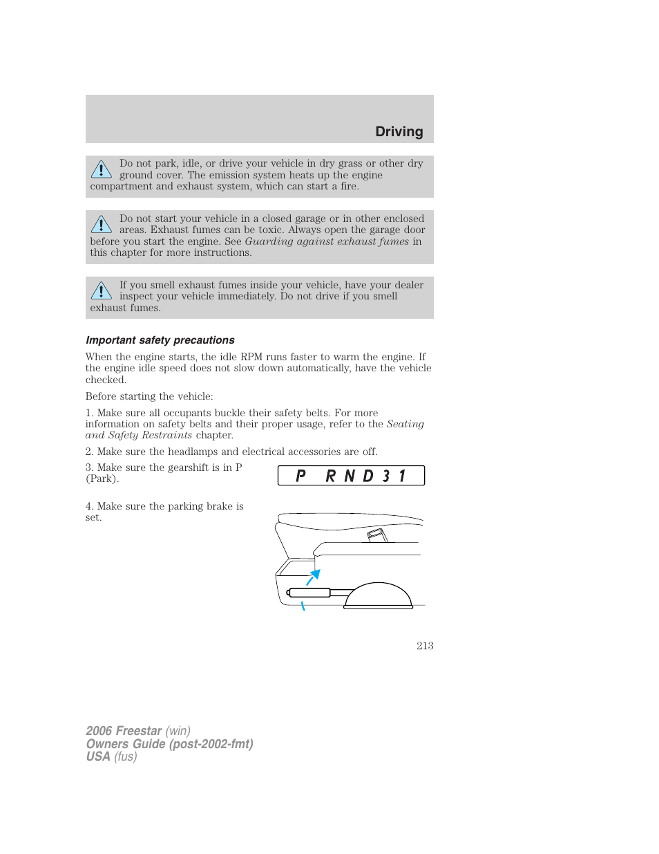 Important safety precautions, Driving | FORD 2006 Freestar v.1 User Manual | Page 213 / 320