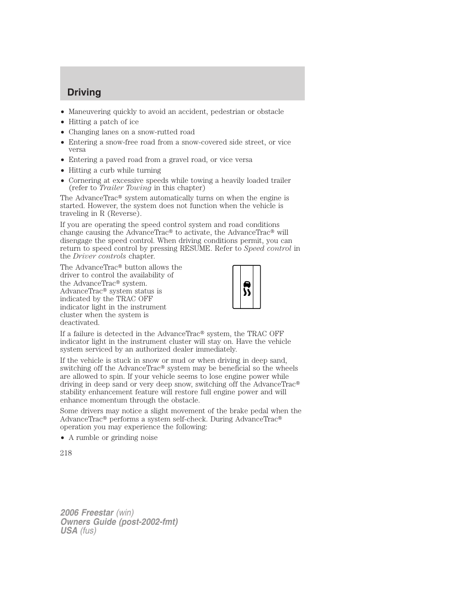 Driving | FORD 2006 Freestar v.1 User Manual | Page 218 / 320