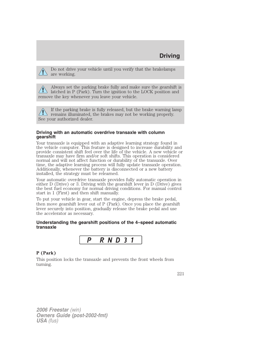 Driving | FORD 2006 Freestar v.1 User Manual | Page 221 / 320