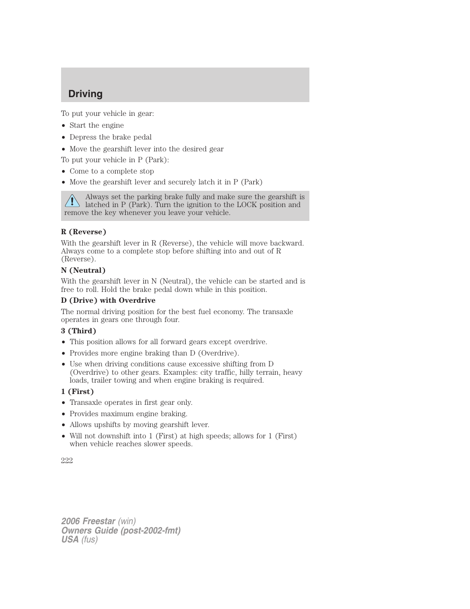 Driving | FORD 2006 Freestar v.1 User Manual | Page 222 / 320