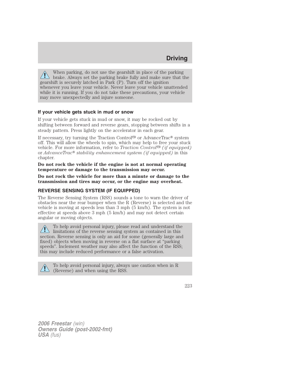 If your vehicle gets stuck in mud or snow, Reverse sensing system (if equipped), Driving | FORD 2006 Freestar v.1 User Manual | Page 223 / 320