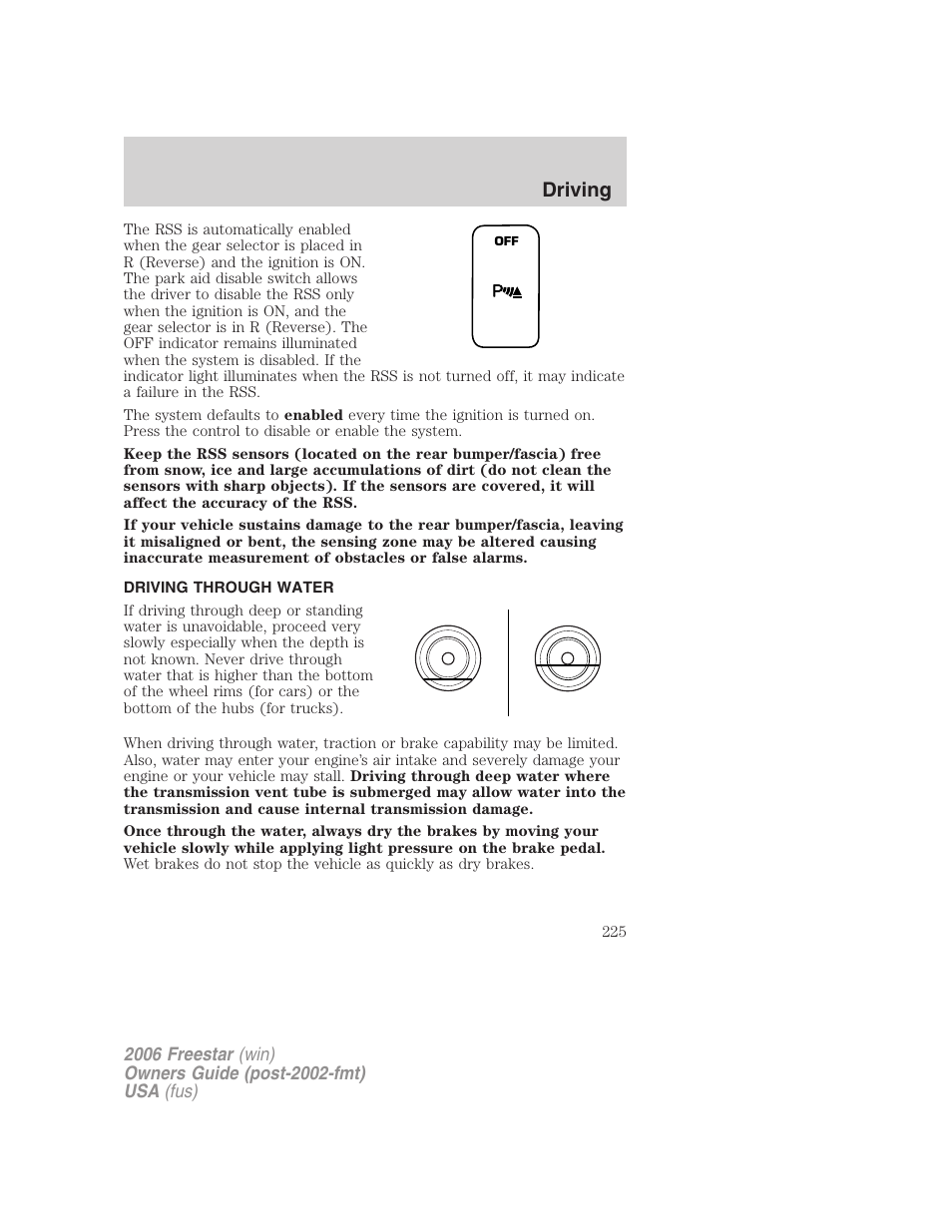 Driving through water, Driving | FORD 2006 Freestar v.1 User Manual | Page 225 / 320