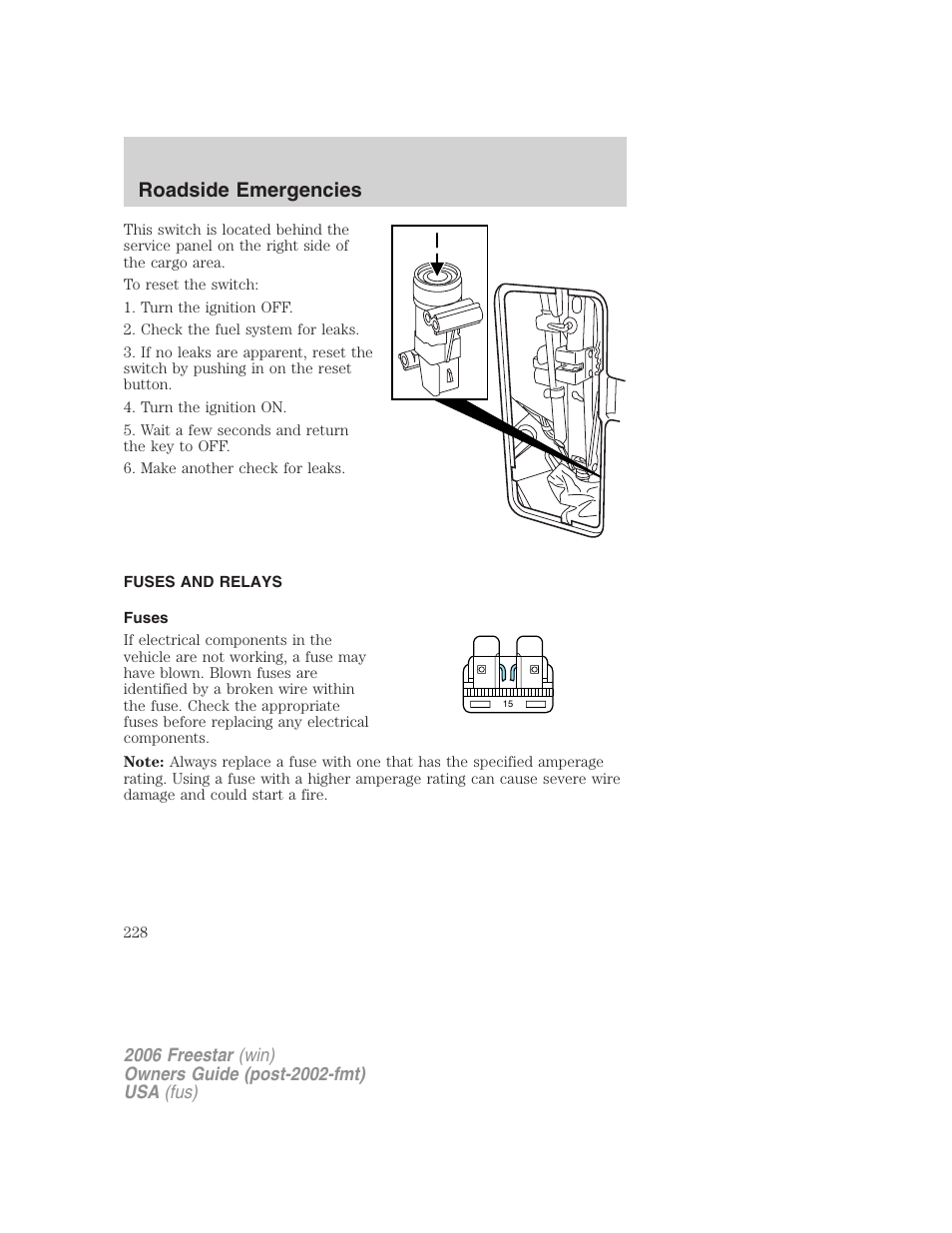 Fuses and relays, Fuses, Roadside emergencies | FORD 2006 Freestar v.1 User Manual | Page 228 / 320