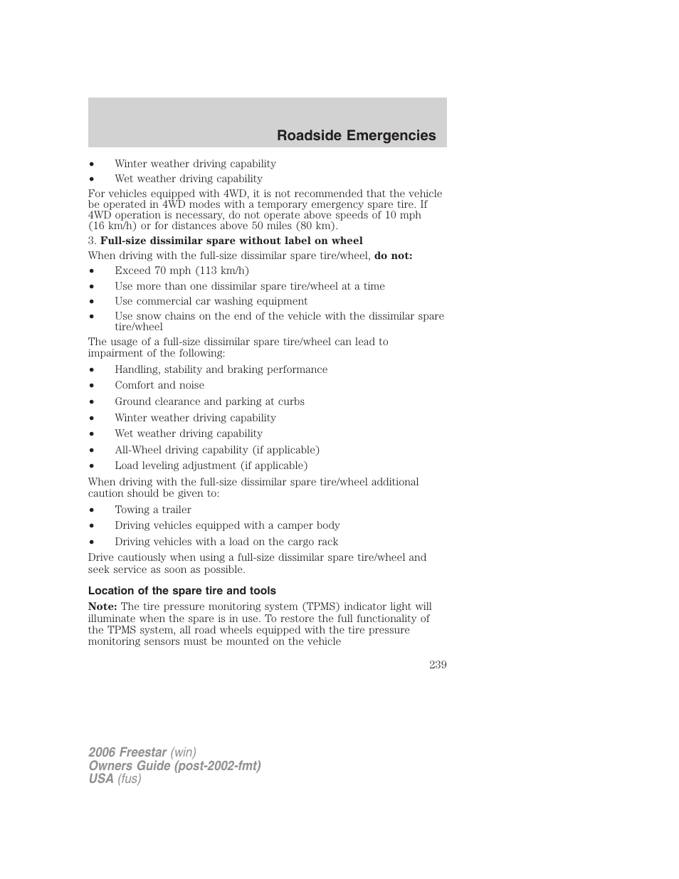 Location of the spare tire and tools, Roadside emergencies | FORD 2006 Freestar v.1 User Manual | Page 239 / 320