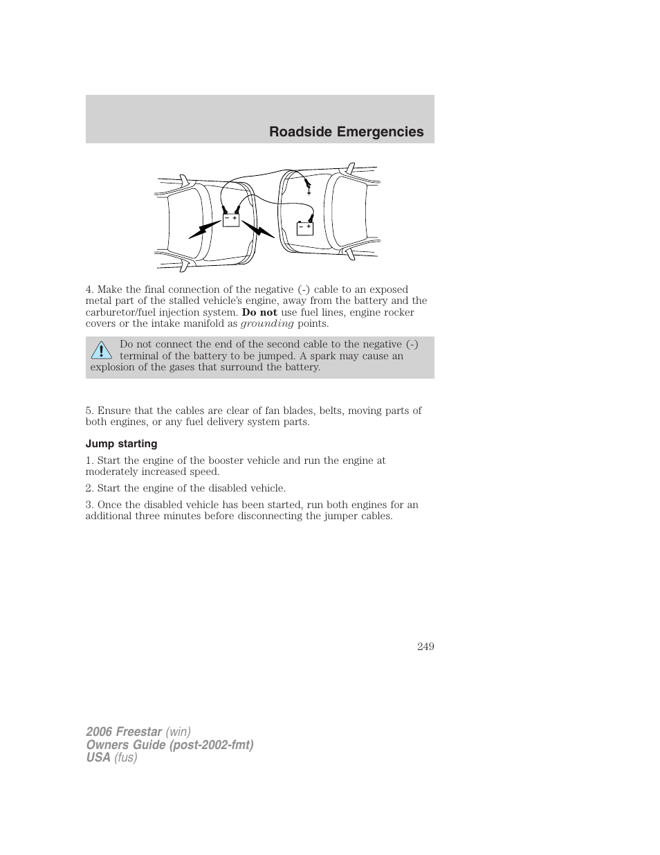 Jump starting, Roadside emergencies | FORD 2006 Freestar v.1 User Manual | Page 249 / 320