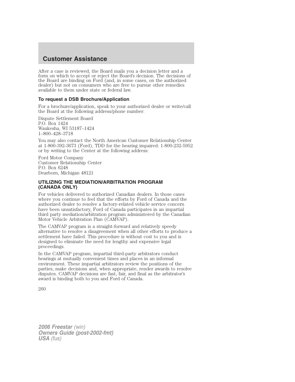 To request a dsb brochure/application, Customer assistance | FORD 2006 Freestar v.1 User Manual | Page 260 / 320