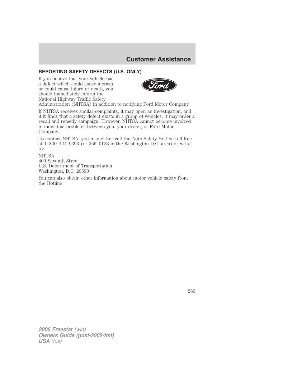 Reporting safety defects (u.s. only), Customer assistance | FORD 2006 Freestar v.1 User Manual | Page 263 / 320