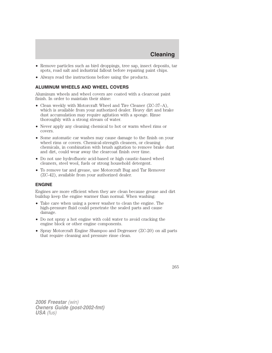 Aluminum wheels and wheel covers, Engine, Cleaning | FORD 2006 Freestar v.1 User Manual | Page 265 / 320