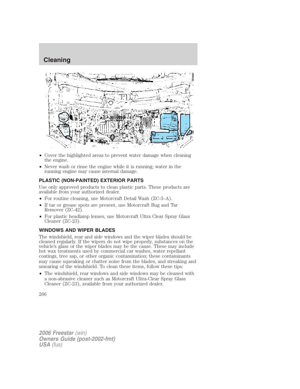 Plastic (non-painted) exterior parts, Windows and wiper blades, Cleaning | FORD 2006 Freestar v.1 User Manual | Page 266 / 320