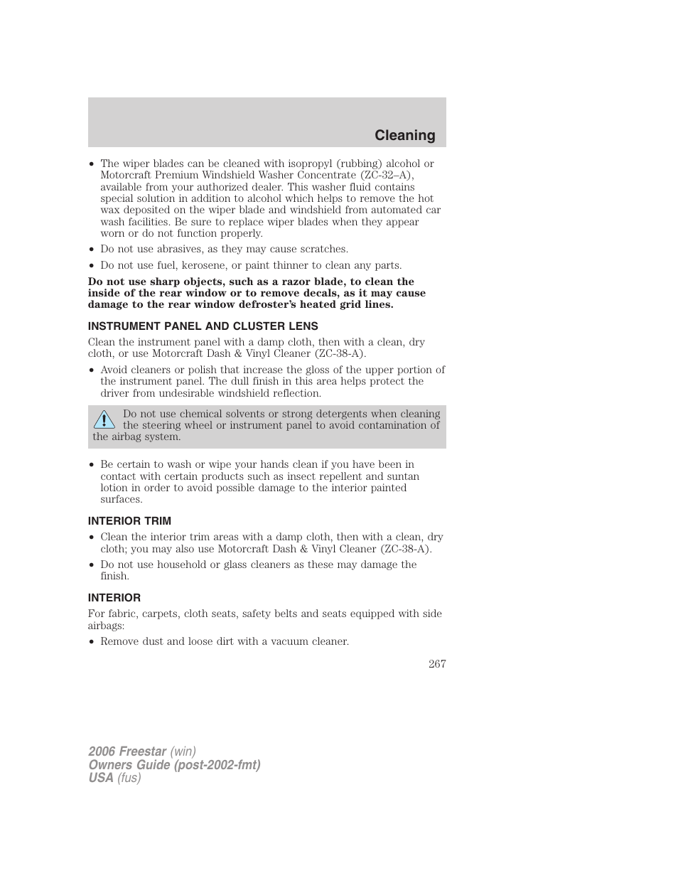 Instrument panel and cluster lens, Interior trim, Interior | Cleaning | FORD 2006 Freestar v.1 User Manual | Page 267 / 320