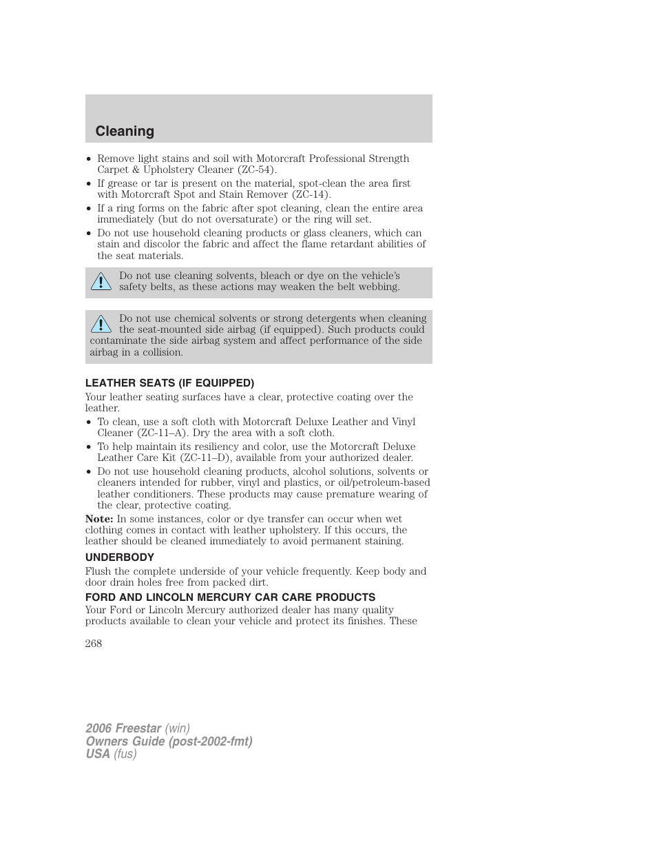 Leather seats (if equipped), Underbody, Ford and lincoln mercury car care products | Cleaning | FORD 2006 Freestar v.1 User Manual | Page 268 / 320