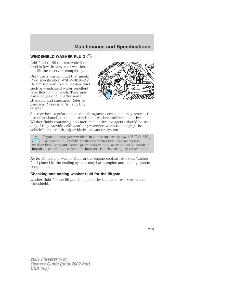 Windshield washer fluid, Checking and adding washer fluid for the liftgate, Maintenance and specifications | FORD 2006 Freestar v.1 User Manual | Page 273 / 320